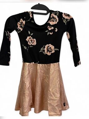 PIXIELANE - Girls Black Floral Dress with Rose Gold Glitter Skirt